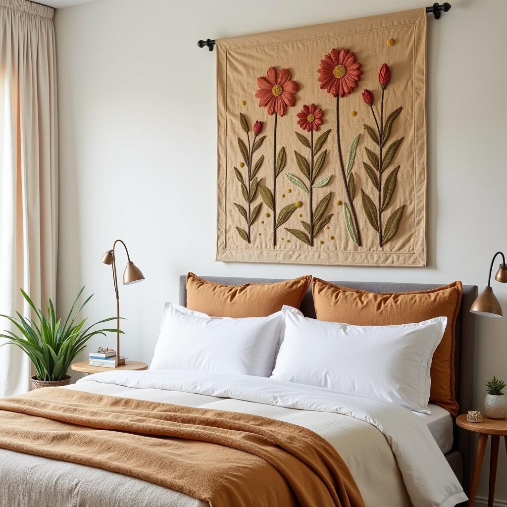 Botanical-Themed Quilted Wall Hanging with Floral Appliqué in a Bedroom