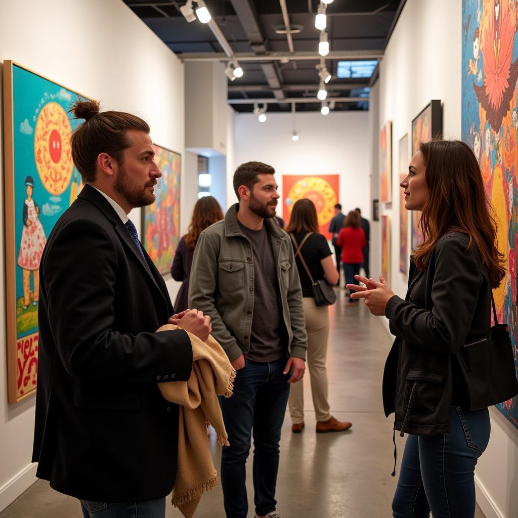 Artist discussing artwork with visitors at the Bothell Art Walk