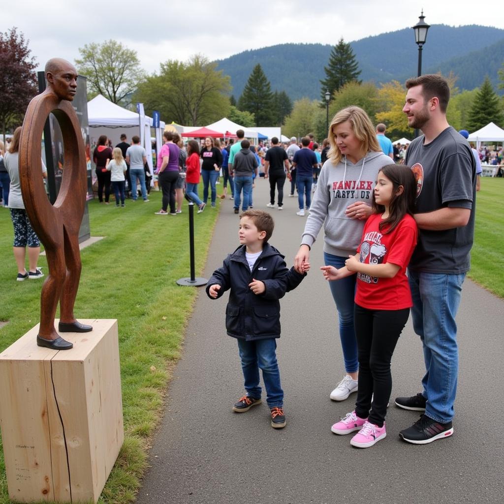 Family admiring a sculpture at the Bothell Art Walk