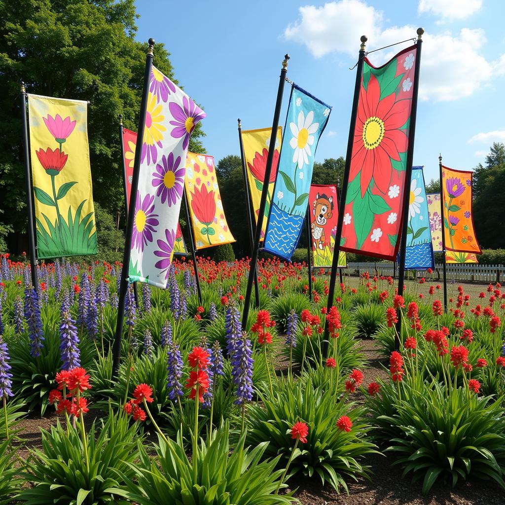 Breeze art flags displayed in a garden setting