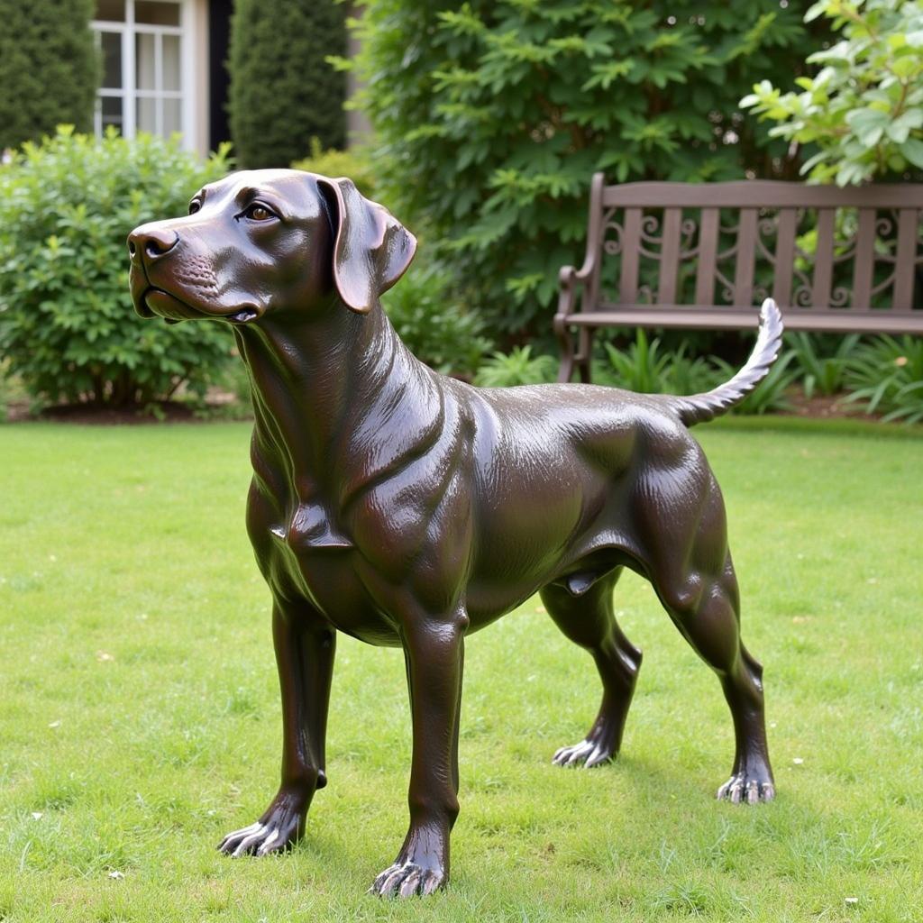 Bronze Dog Sculpture in Garden Setting