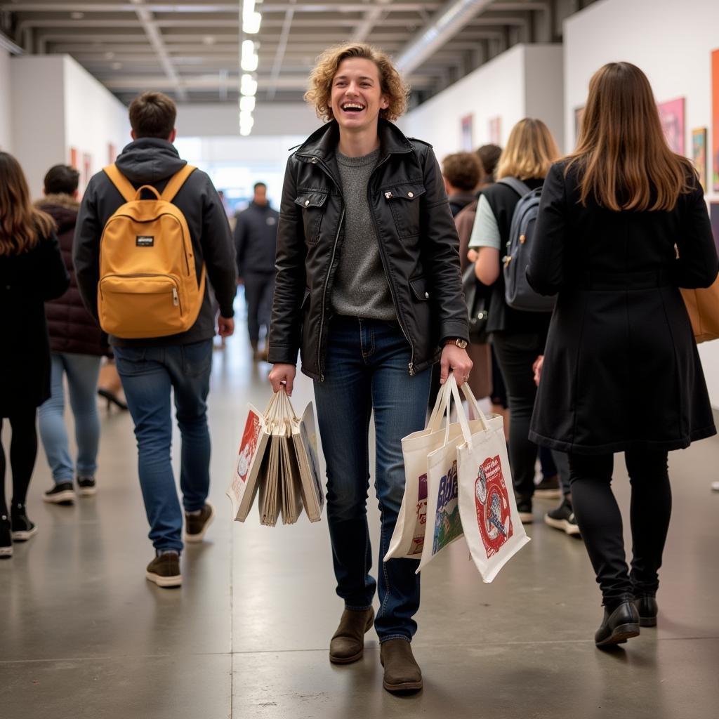 An attendee walking through the Brooklyn Art Book Fair with a tote bag full of purchases.