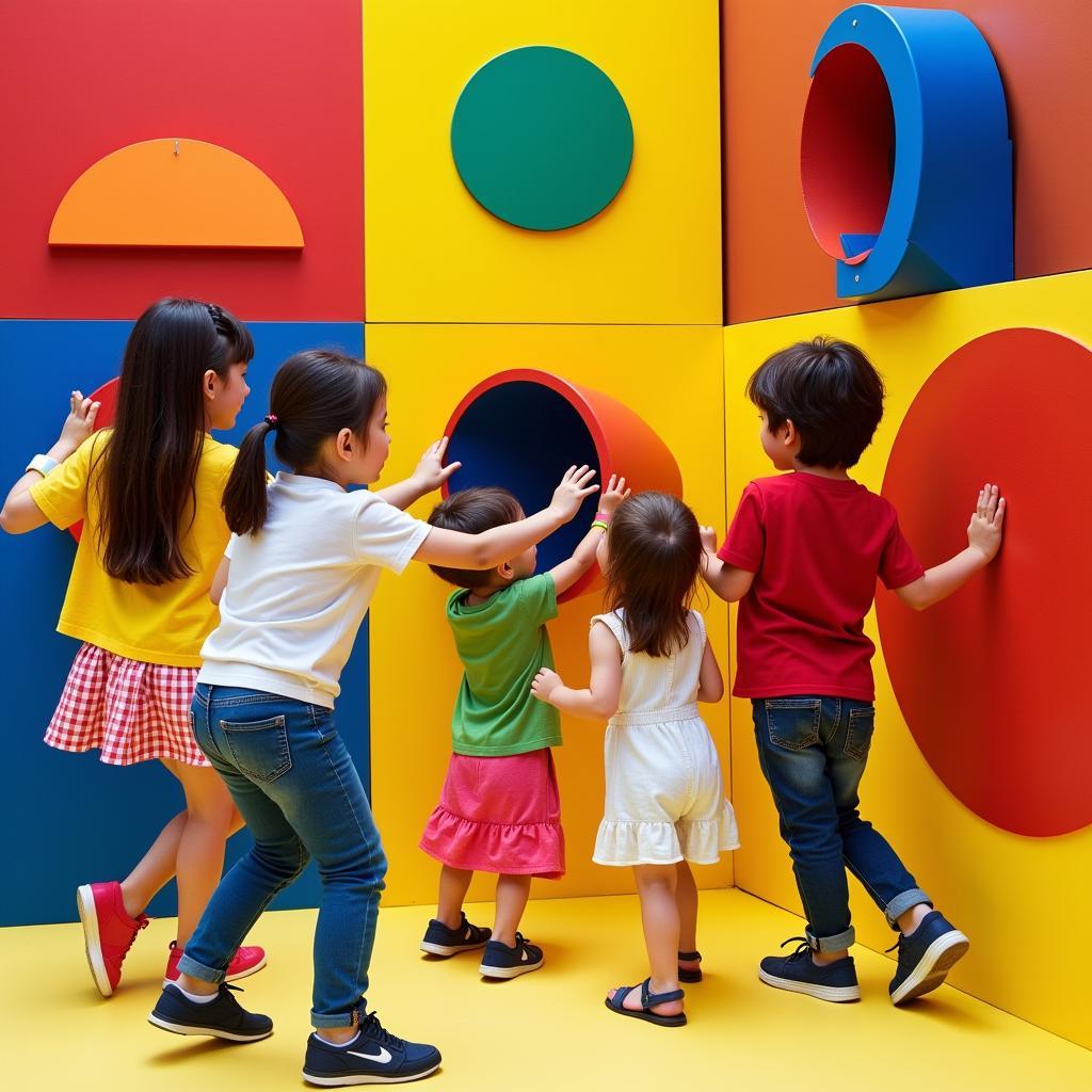 Children interacting with a colorful, interactive installation designed by Bruno Munari