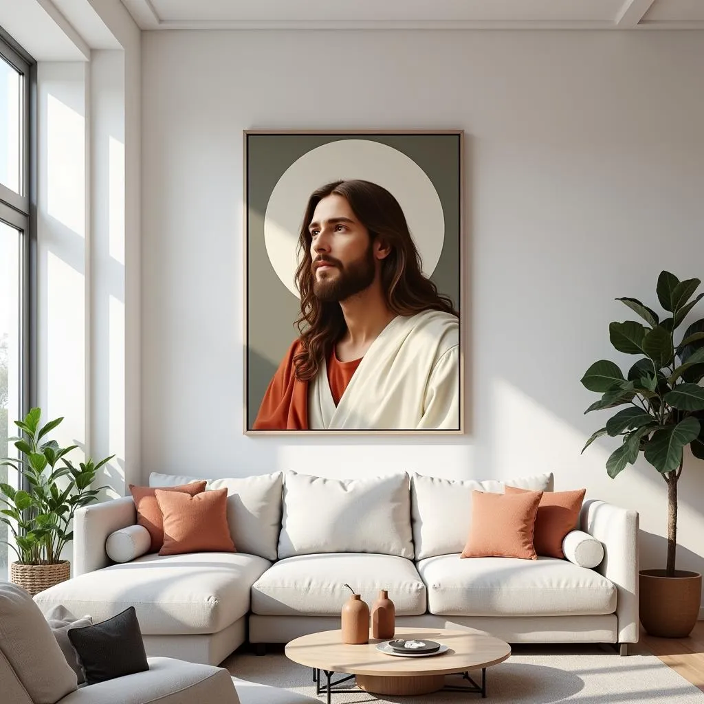 Modern Jesus wall art in a living room