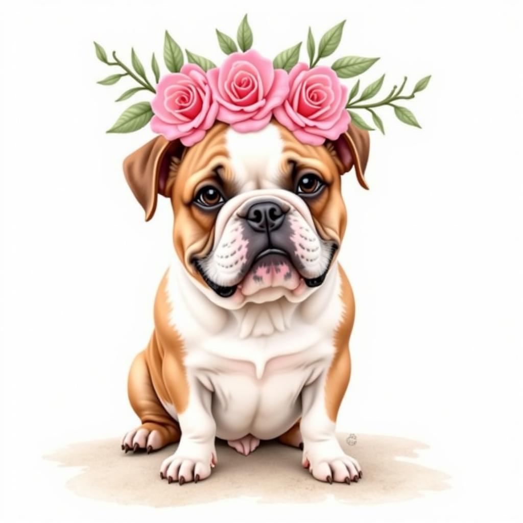 Watercolor English Bulldog with Roses