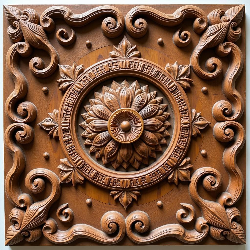 Large carved wood wall art with intricate patterns