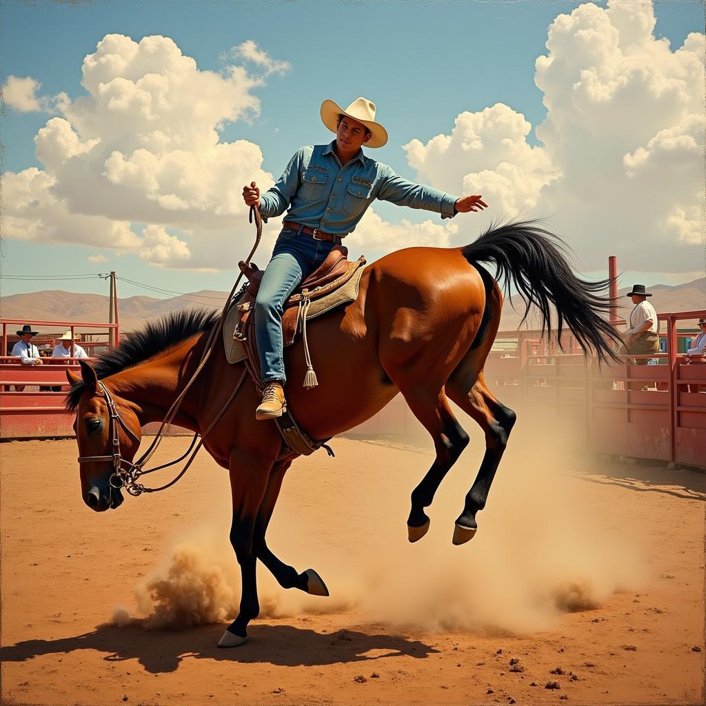 Bucking Bronco Western Painting Depicting Cowboy and Horse