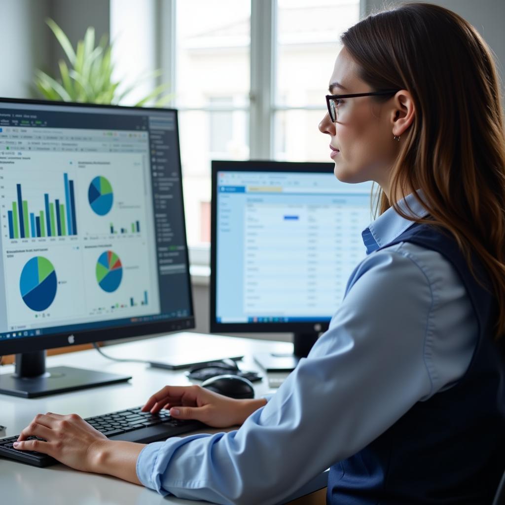 A business professional analyzing data and charts on a computer screen