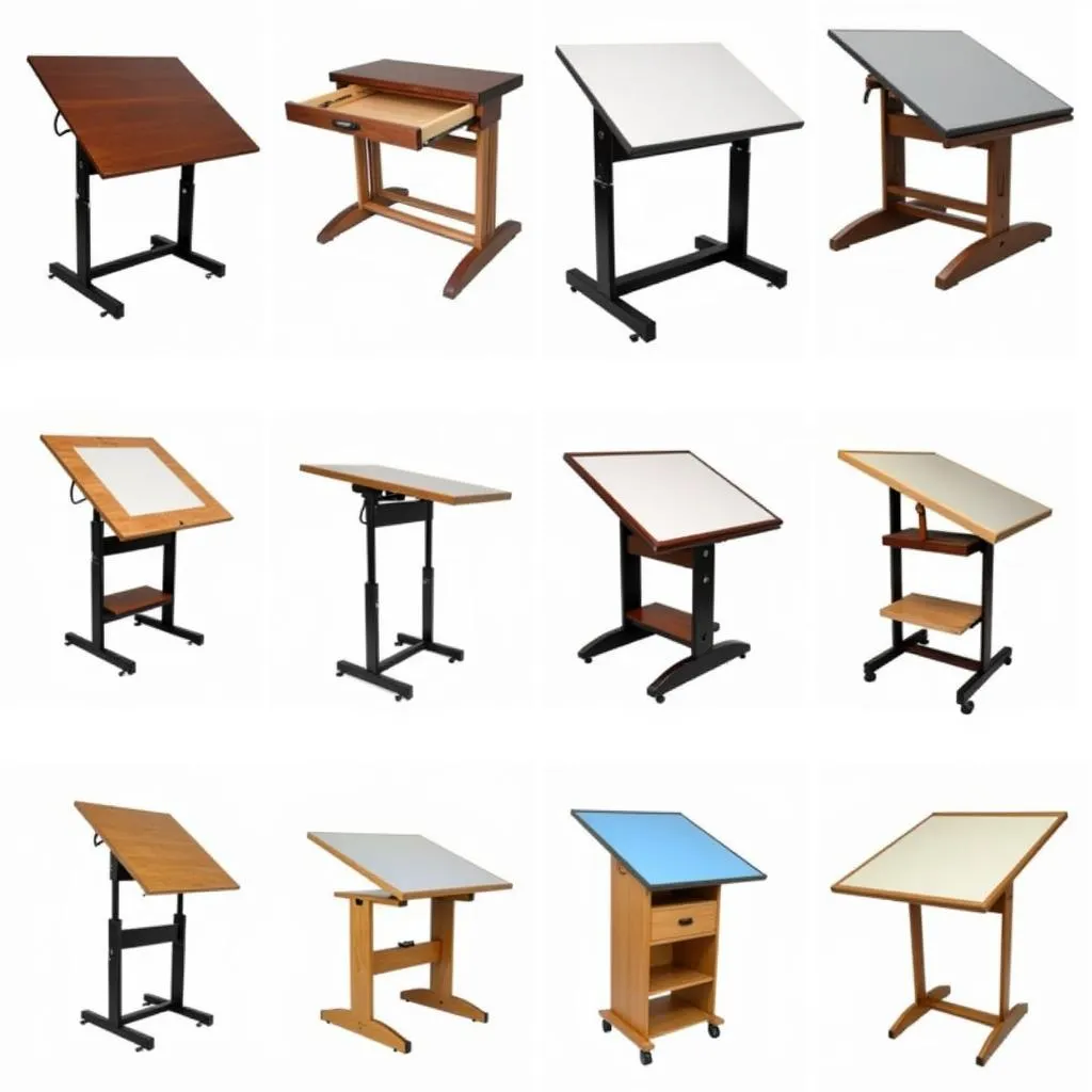 Various art drafting tables with different sizes and features