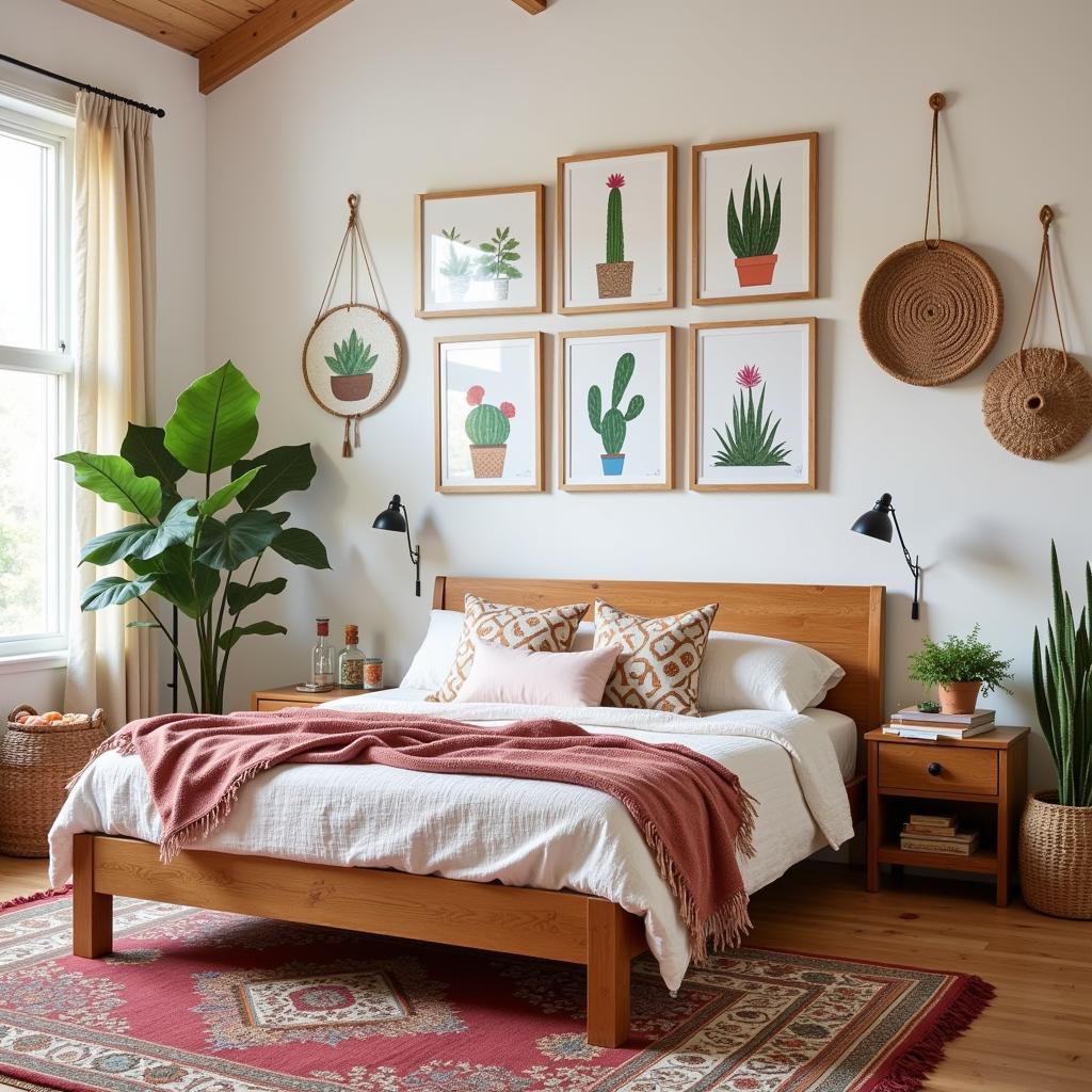 Cactus Canvas Wall Art in a Bohemian Bedroom