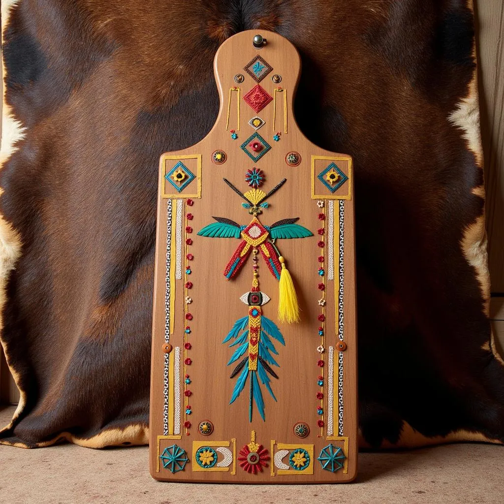 A cradle board adorned with elaborate geometric and feather designs