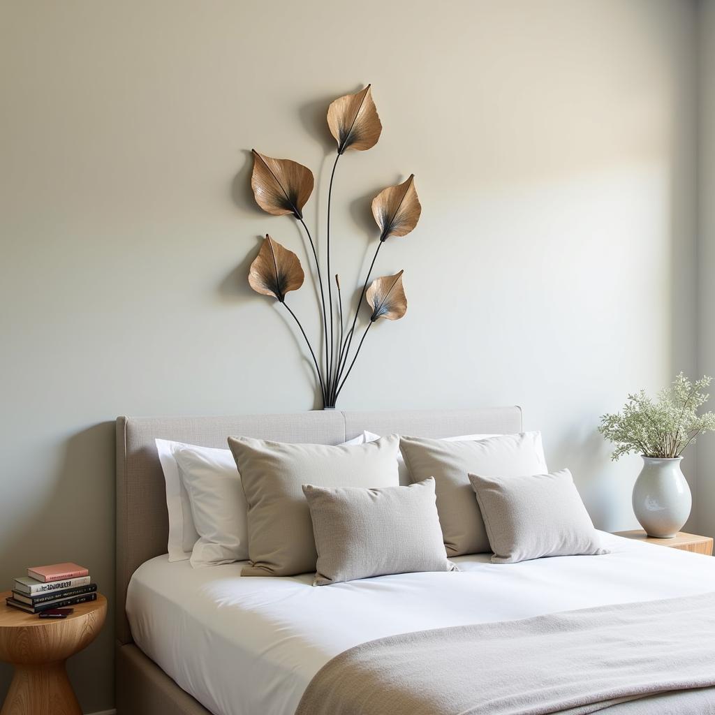 Calla lily metal wall art above a headboard