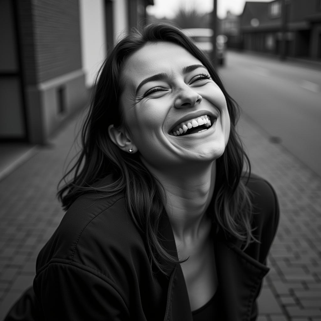 Candid angle portrait showcasing a woman laughing