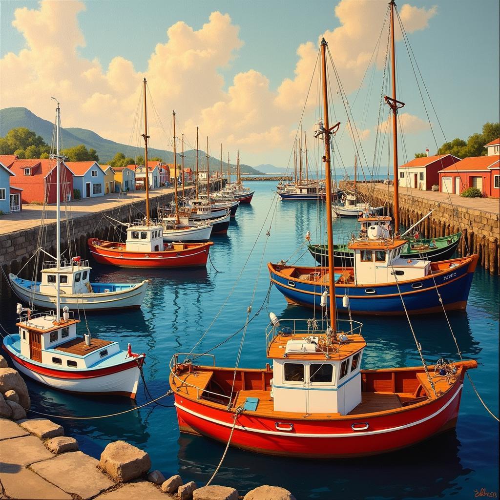 Canvas Art of Fishing Boats in a Harbor