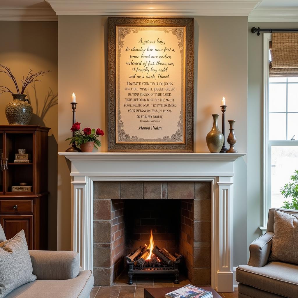 Canvas scripture art displayed above a fireplace in a cozy living room