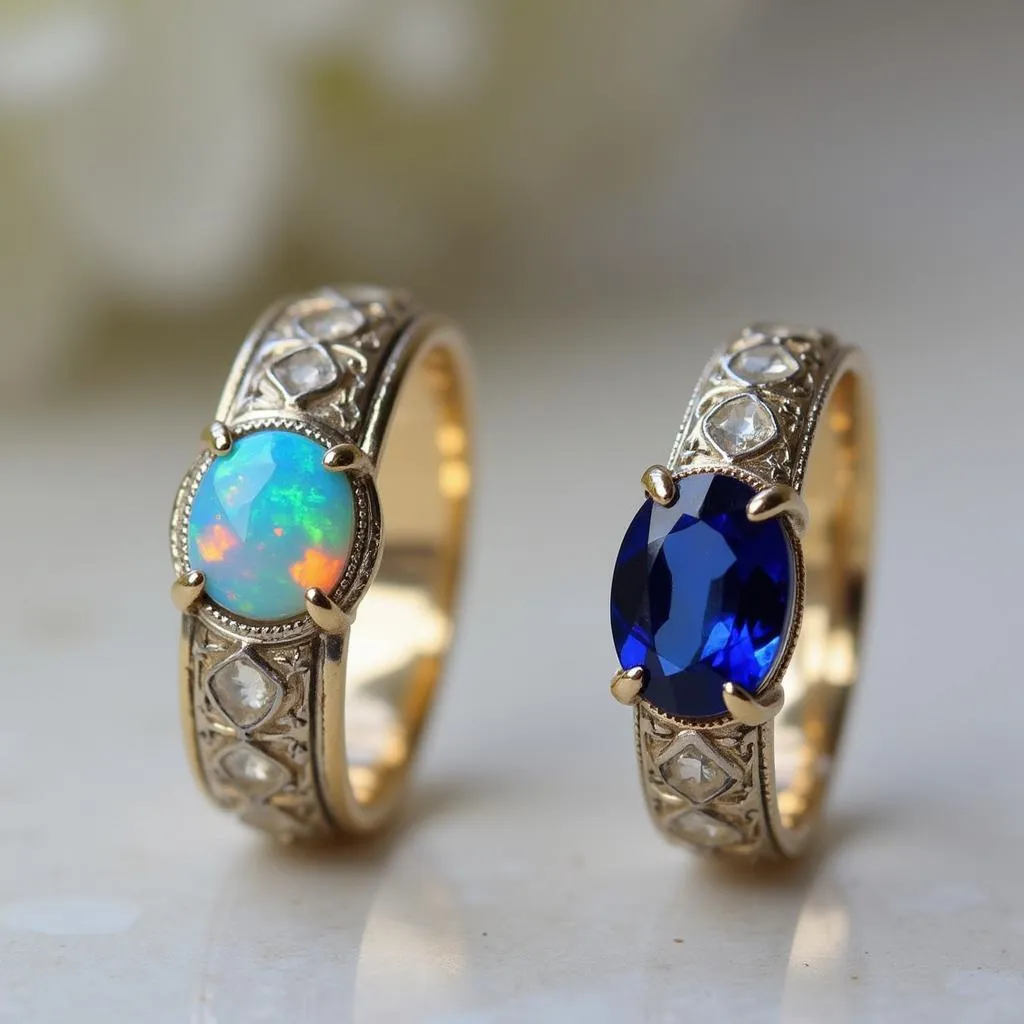 Pair of Art Nouveau Wedding Bands with Colorful Gemstones