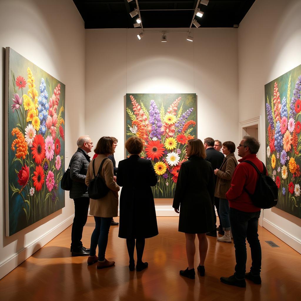 Visitors admiring Carol Robinson's floral artworks at an exhibition