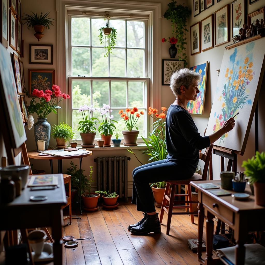 Carol Robinson working on a floral painting in her studio