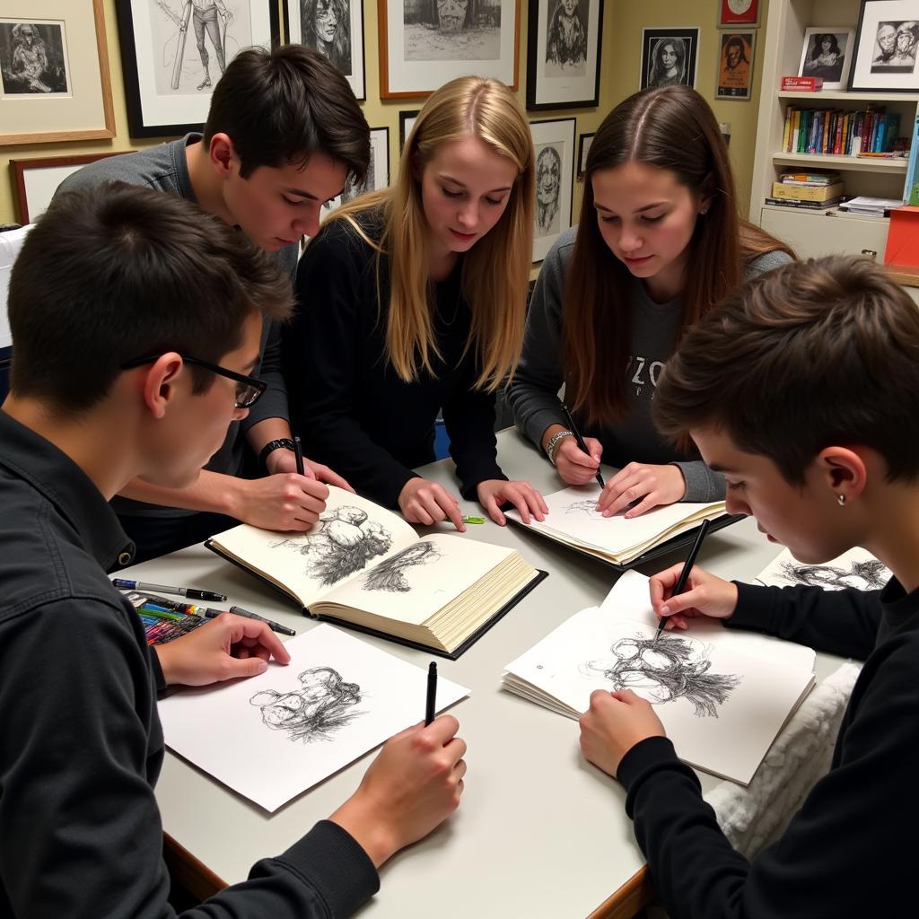 A group of aspiring artists sketching from a Cary Nord art book, highlighting his influence on the comic book industry.