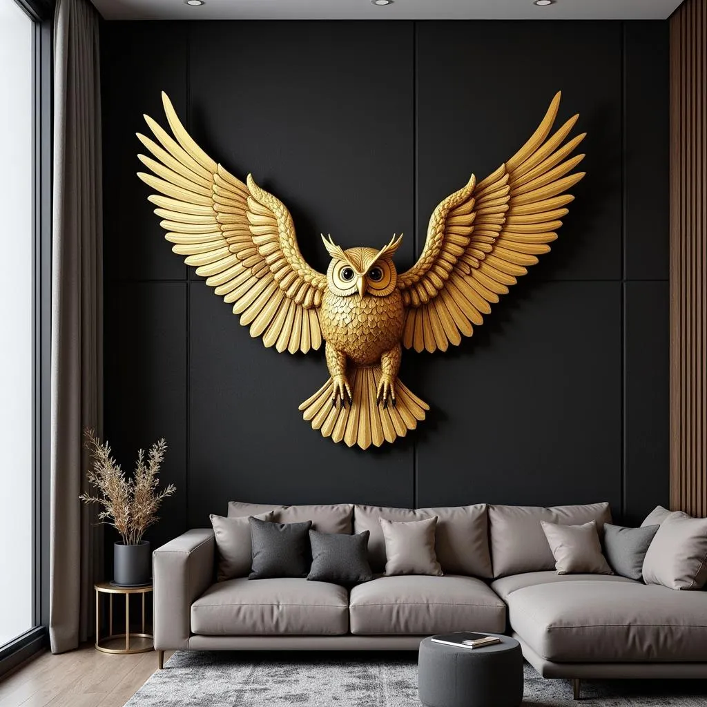 Golden metal owl wall decor for modern living room