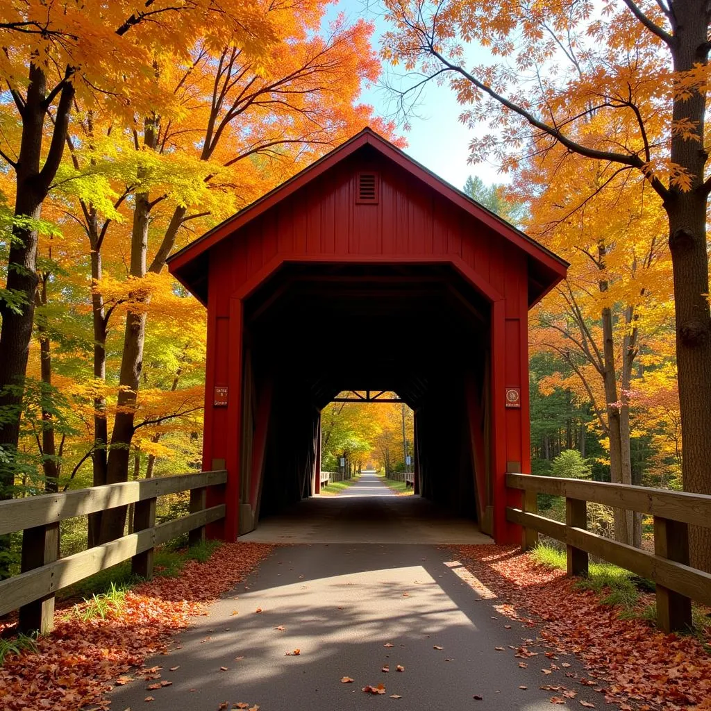 Covered Bridge in Autumn Forest