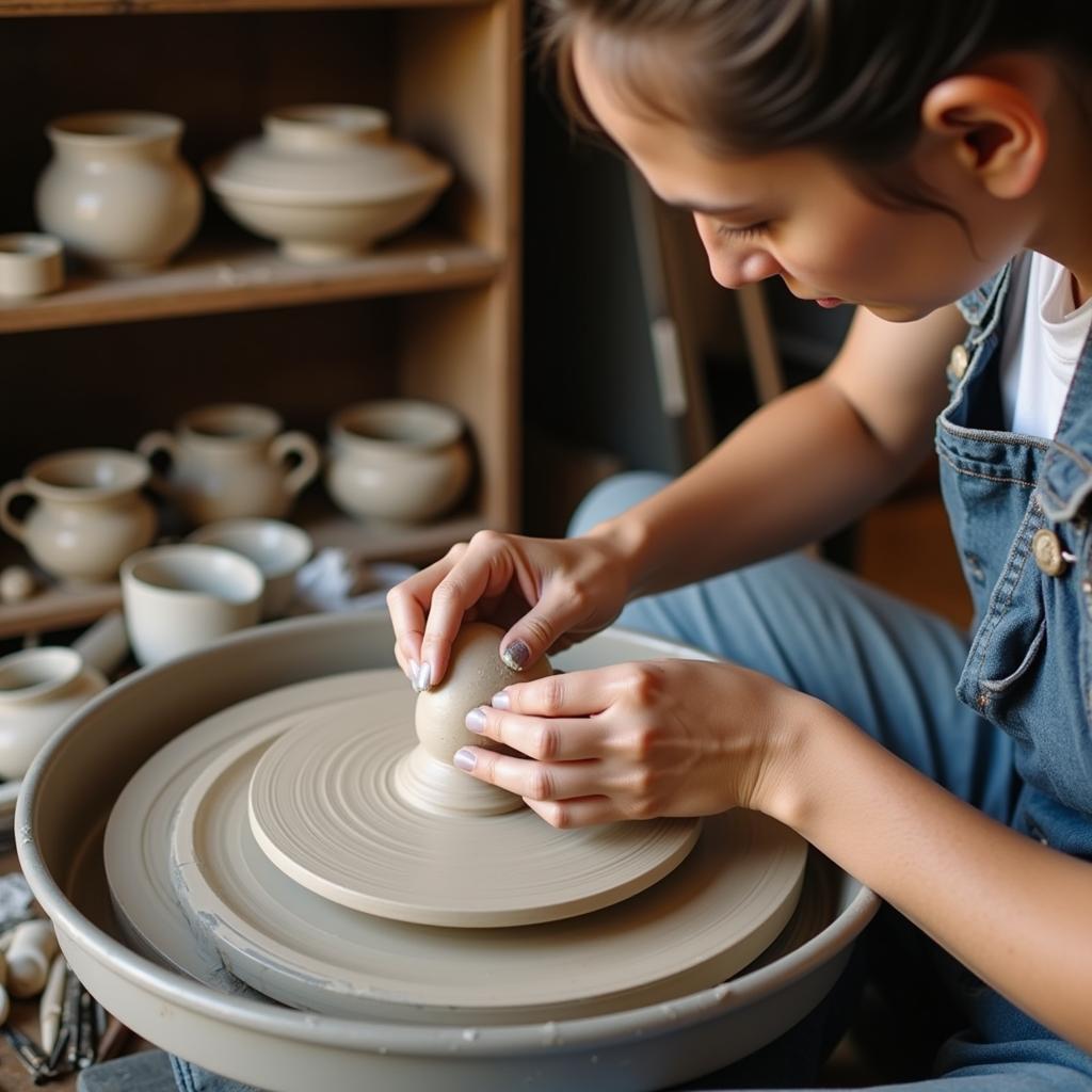 Ceramic Artist Shaping Clay in Studio