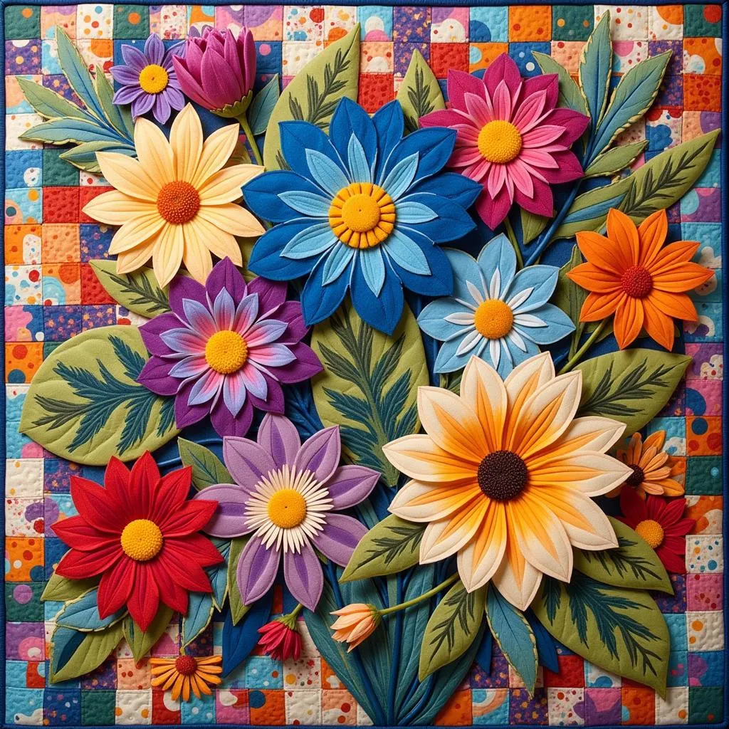 Abstract art quilt depicting vibrant floral patterns