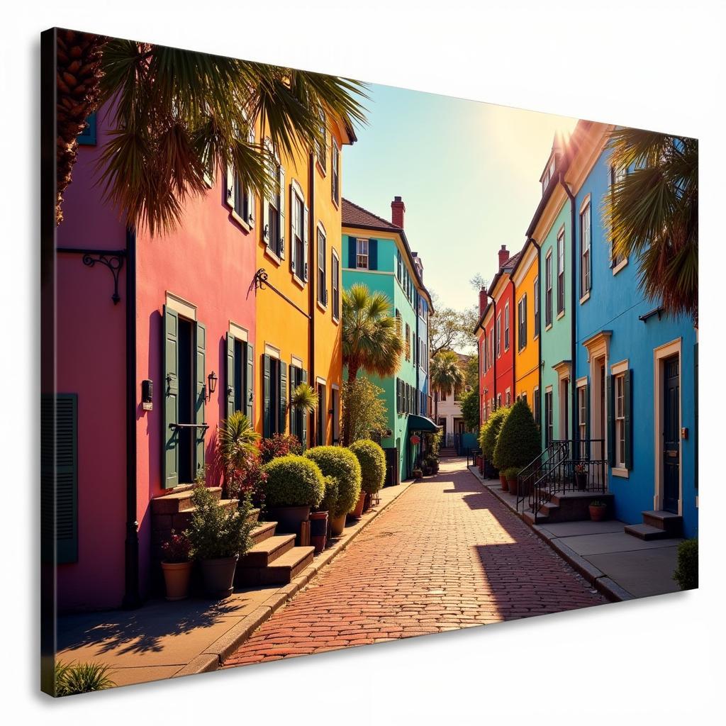 Charleston canvas art featuring the colorful houses of Rainbow Row