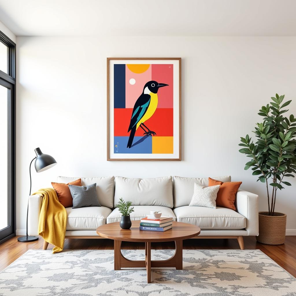 Charley Harper bird art in a mid-century modern living room