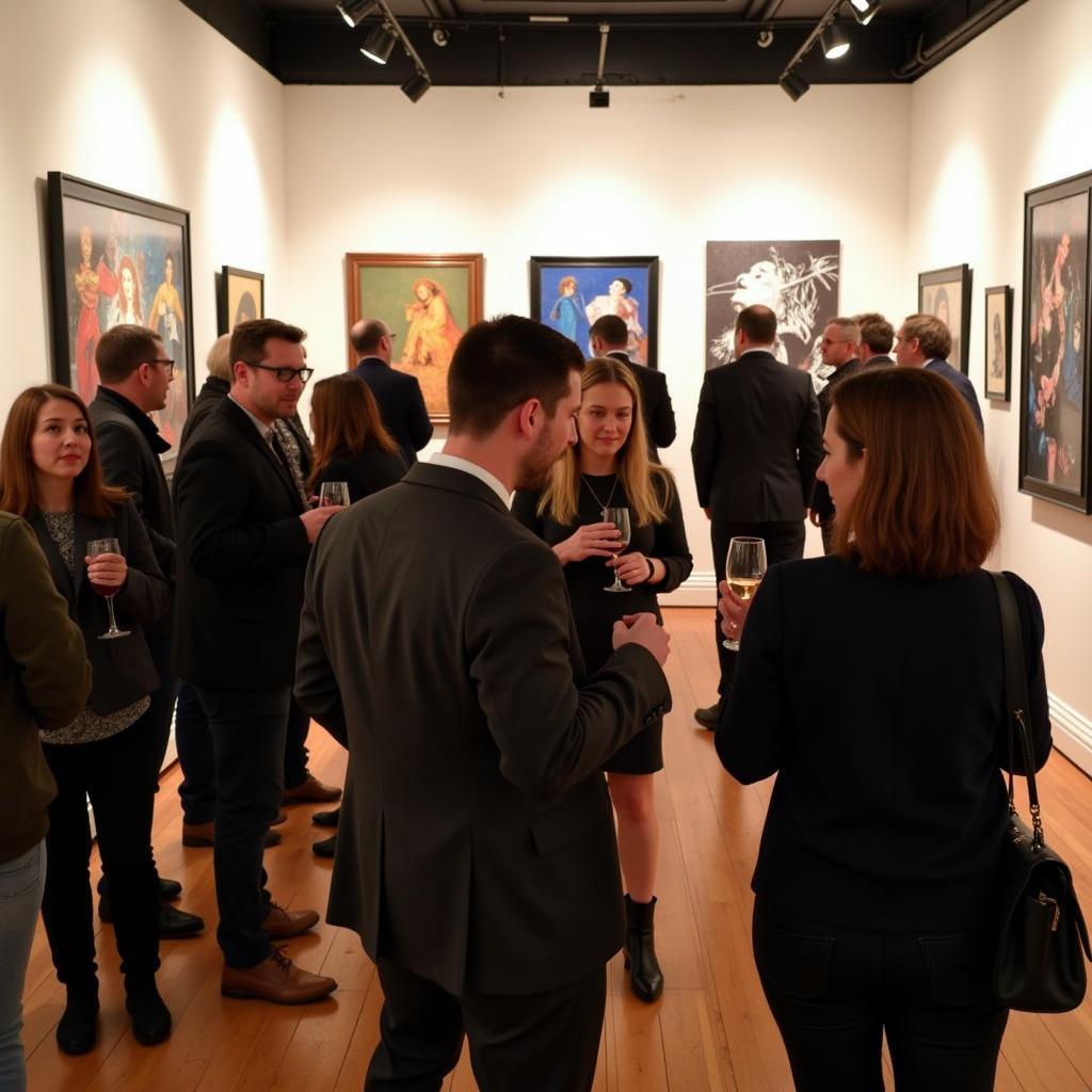 Visitors enjoying wine and conversation at a Chelsea art gallery opening reception