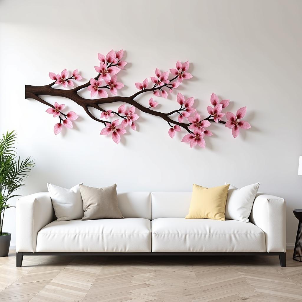 Modern Living Room with Cherry Blossom Metal Wall Art