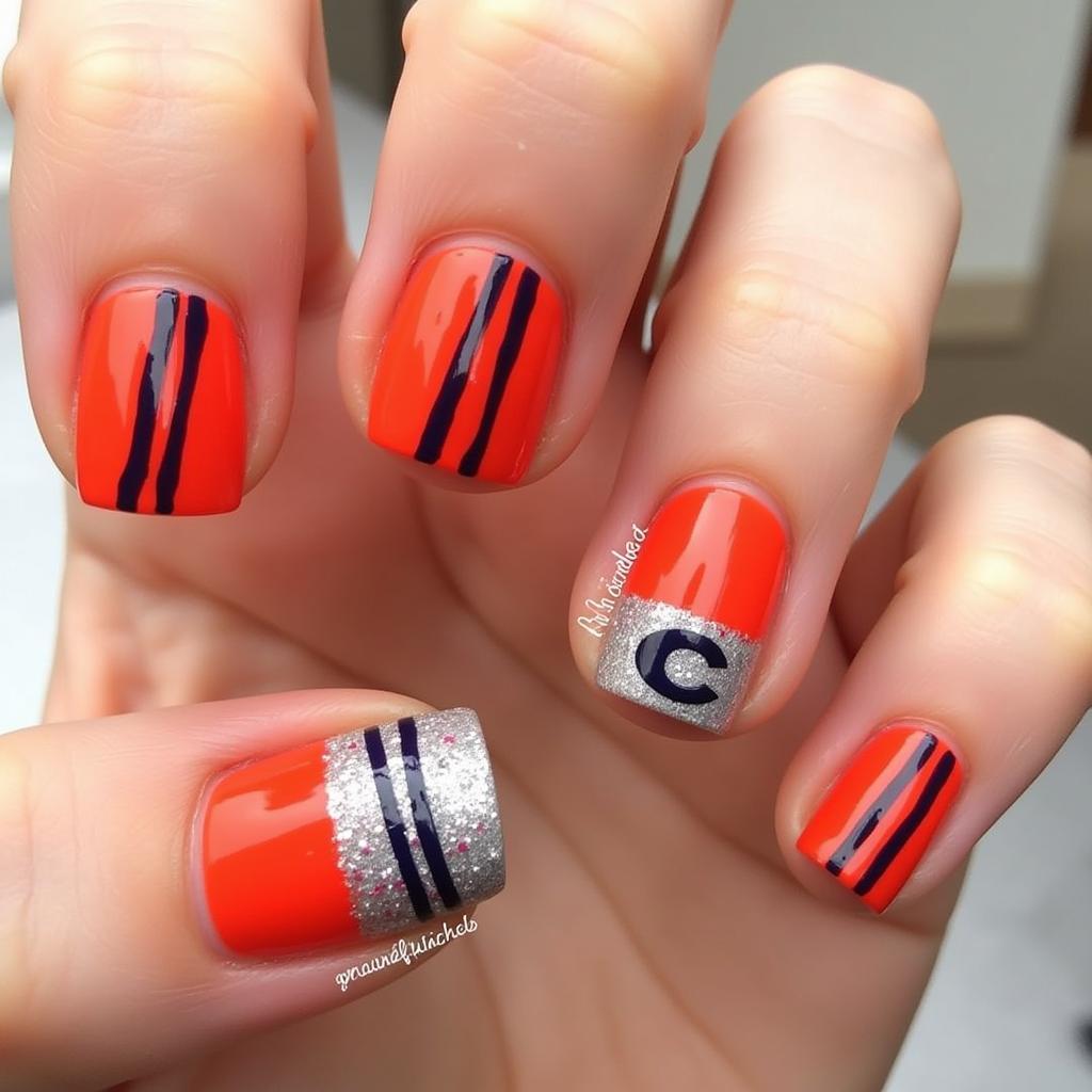 Sparkly Chicago Bears themed nails