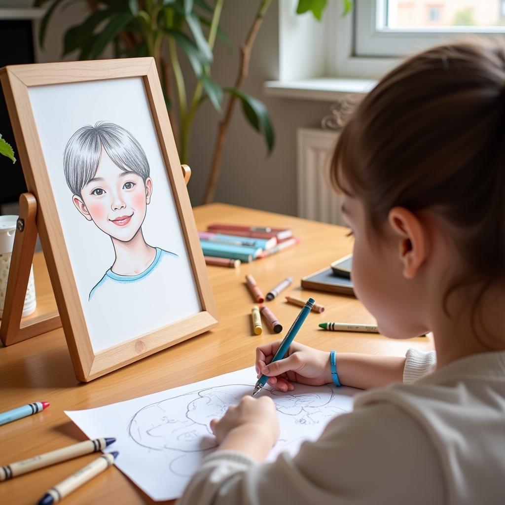 Child drawing self-portrait