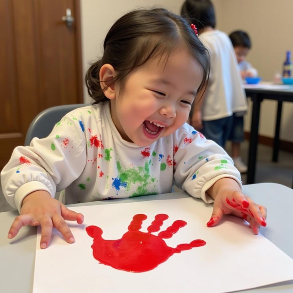 A child happily creates an apple handprint.