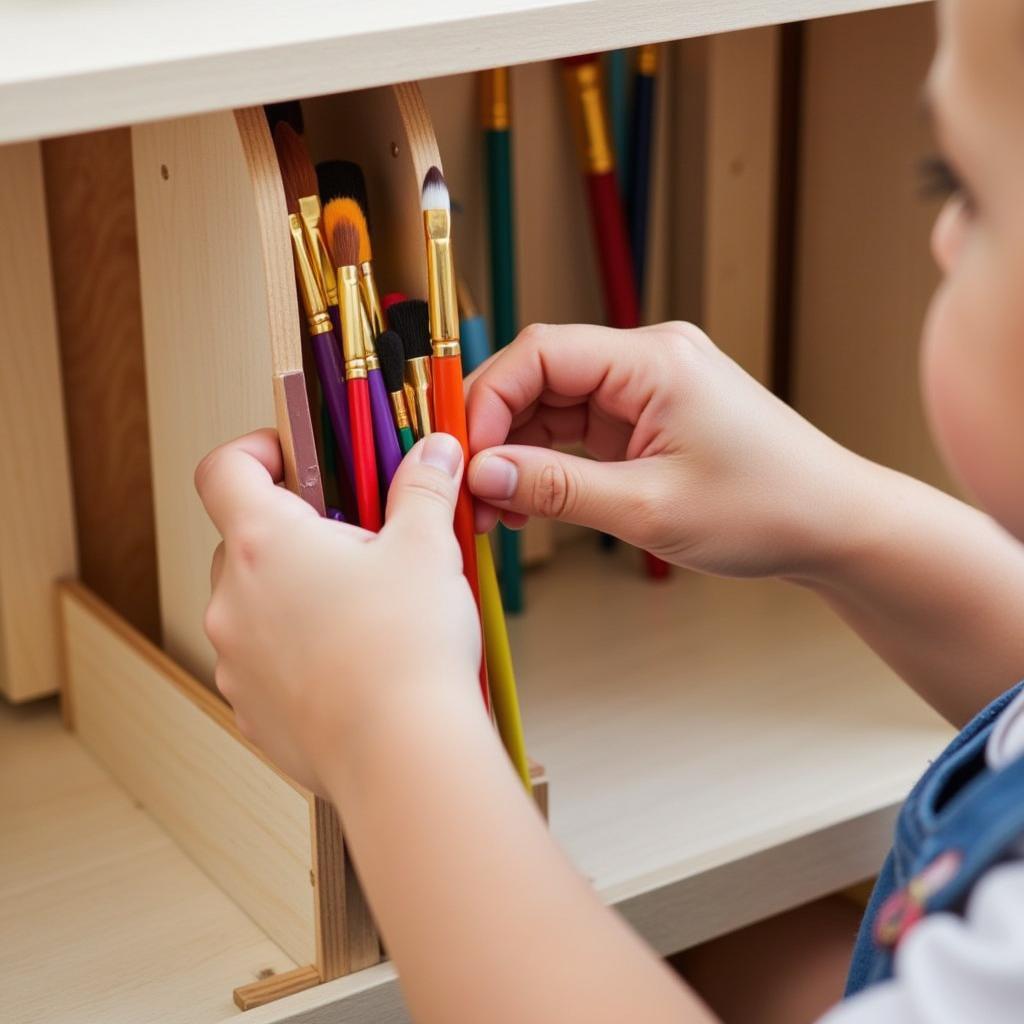 Child Organizing Art Supplies in Lil Davinci Cabinet