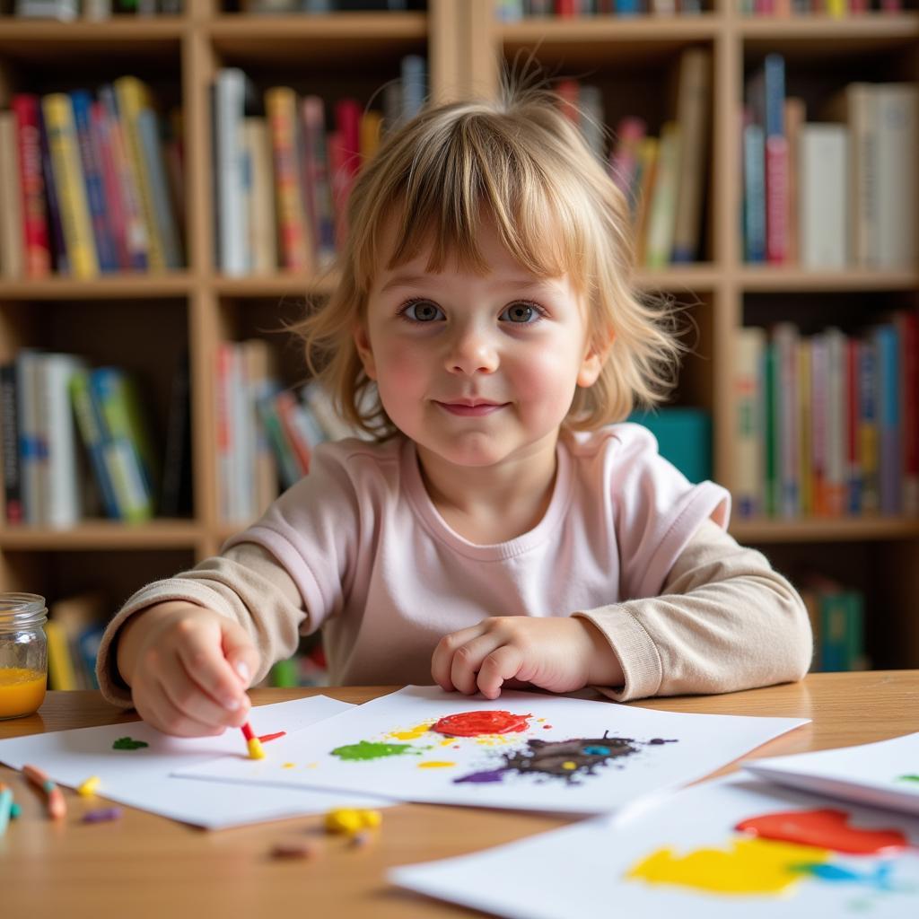 A child engrossed in painting at their Montessori art shelf, emphasizing the joy of process over product.