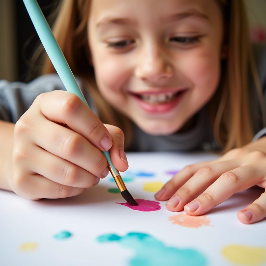 A young child happily painting with watercolors at a table.