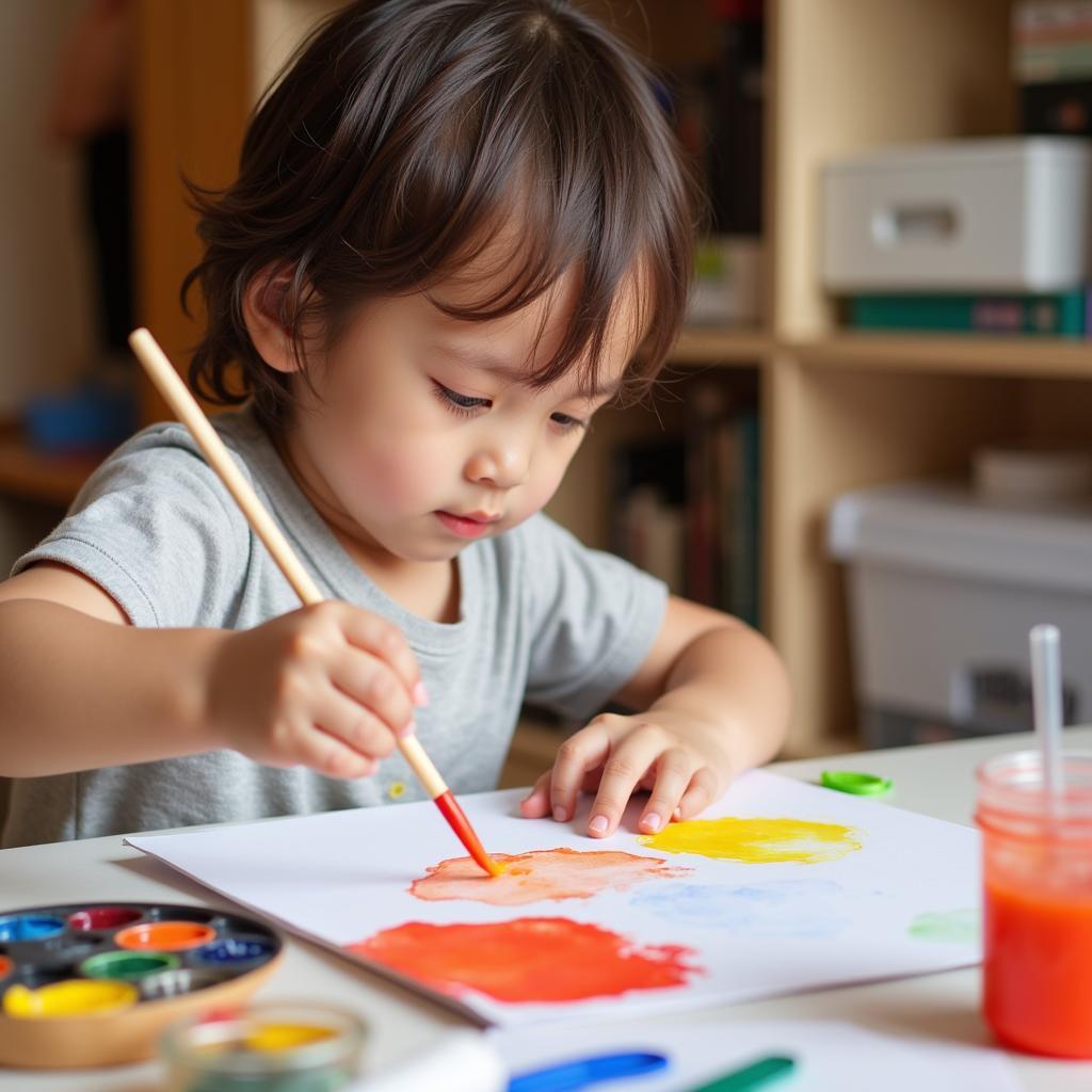 A young child focused on painting with watercolors