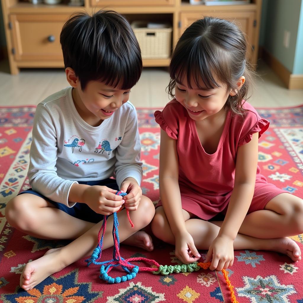 Children making friendship bracelets