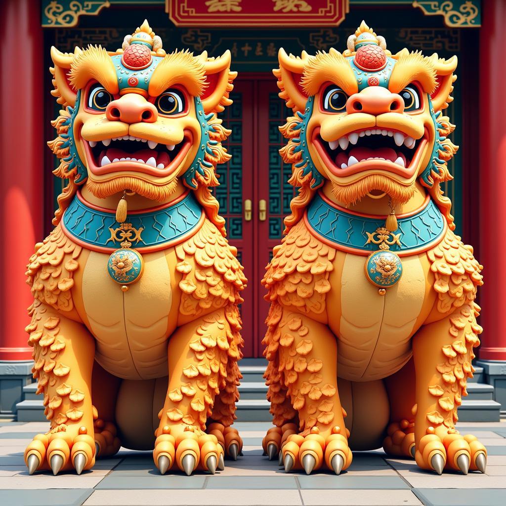 Chinese Guardian Lions Protecting a Temple