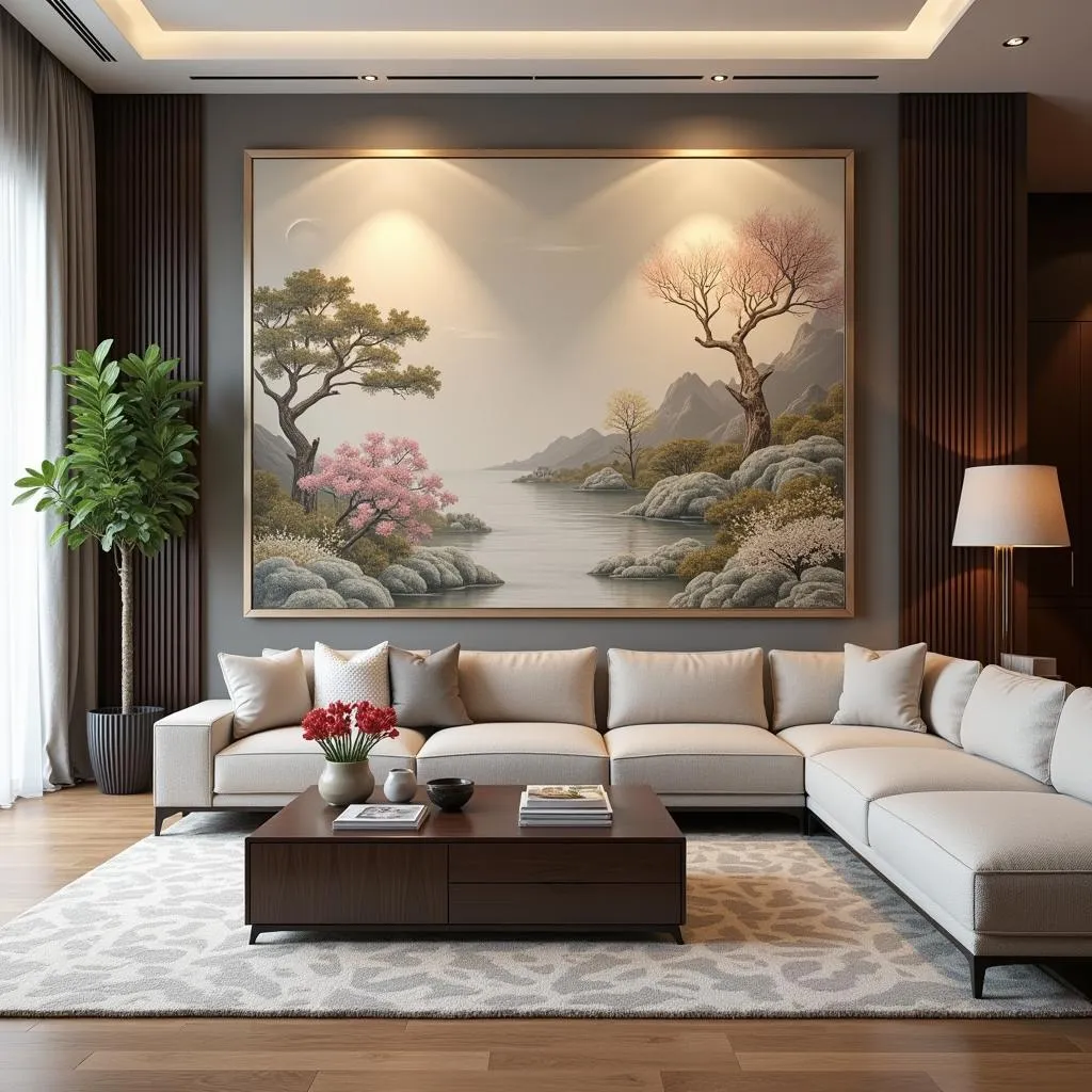 Chinoiserie art panels trang trí phòng khách hiện đại