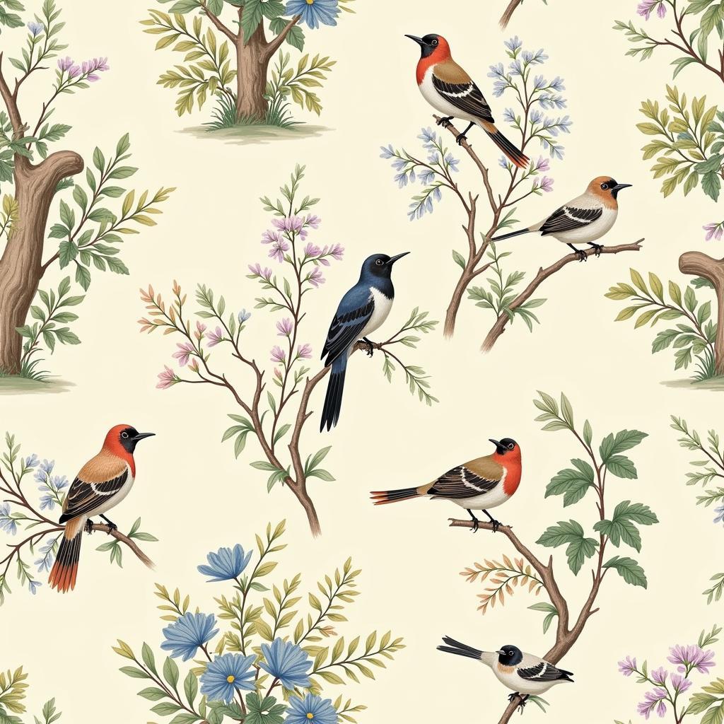 Chinoiserie Bird and Floral Pattern Art Print: Intricate Design for Wallpaper or Textiles