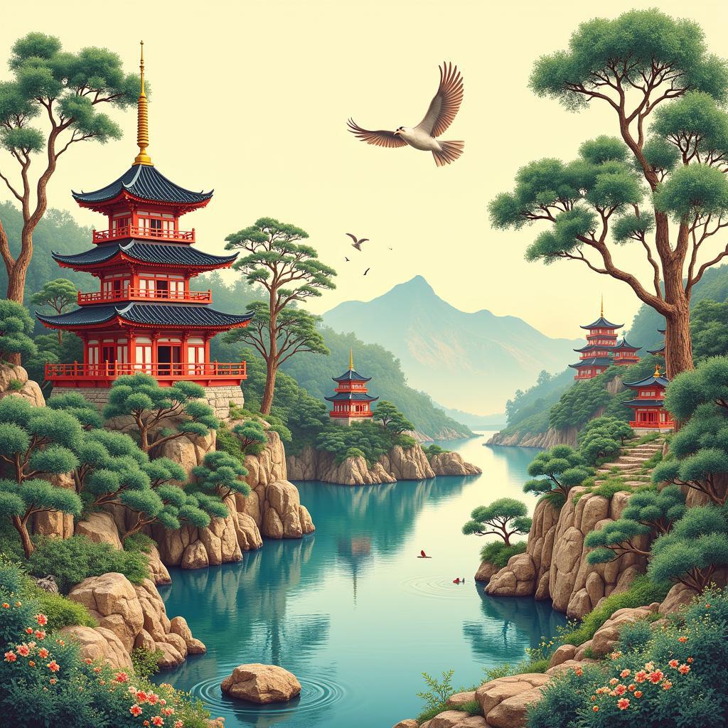 Chinoiserie Landscape Art Print: A Serene Scene of Pagodas and Lush Greenery