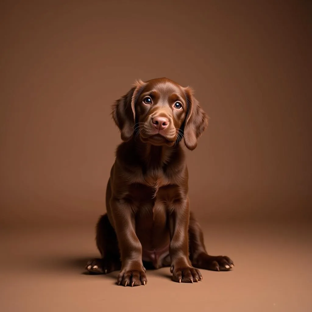 Boykin Spaniel puppy posing in a studio with brown background