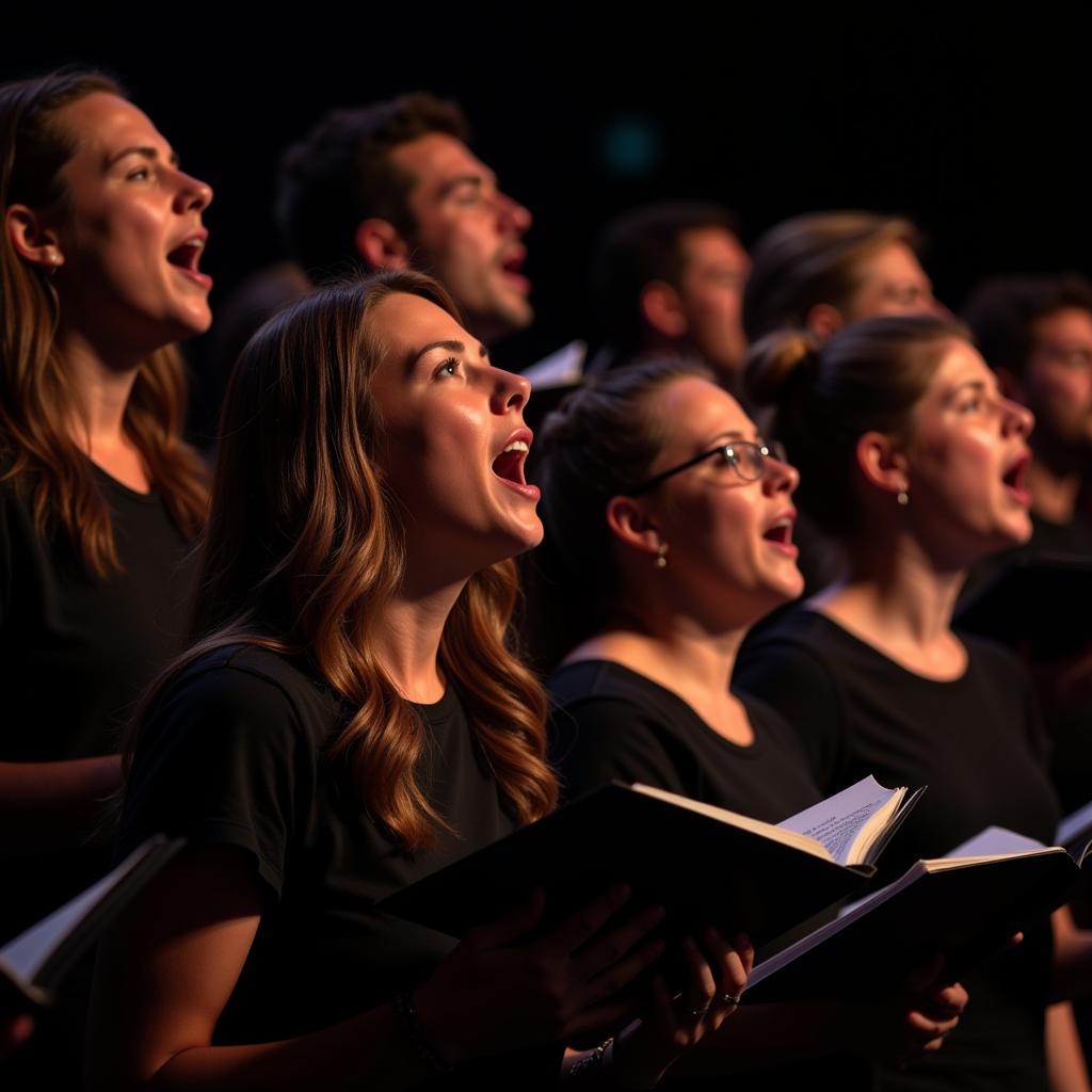  A choir stands on stage, illuminated by spotlights, passionately singing "How Great Thou Art" from sheet music on their stands.