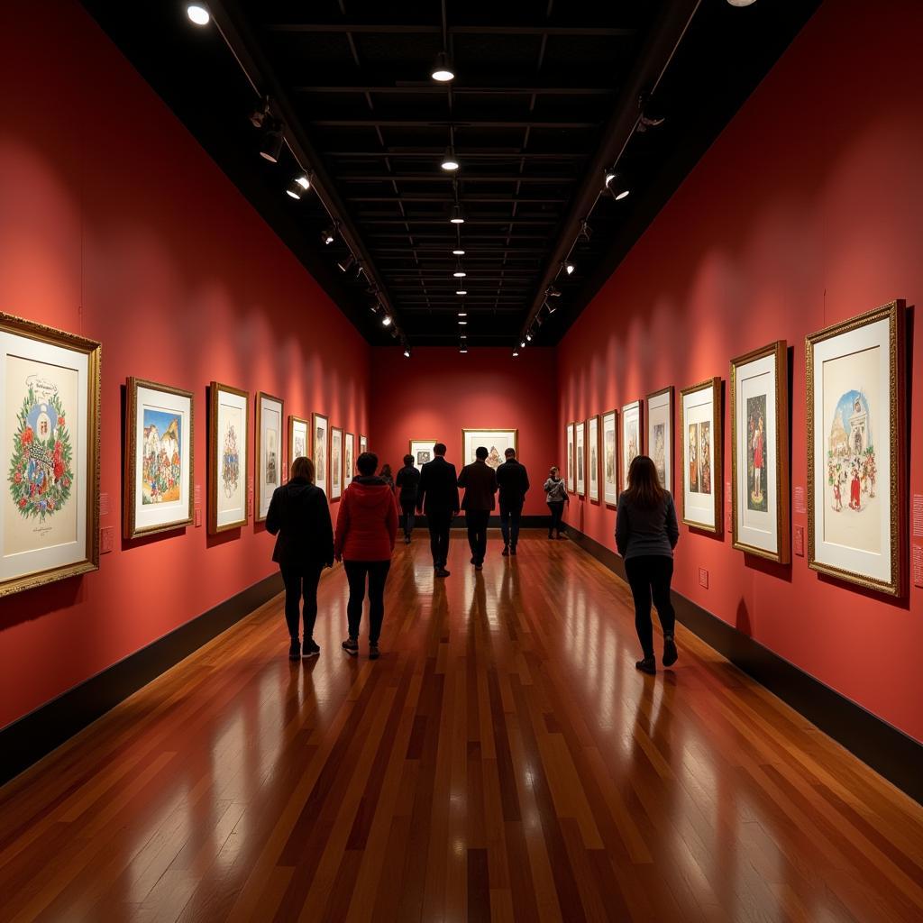 Visitors admiring an exhibition of Christmas cards in an art museum setting. The warm lighting and festive decorations enhance the ambiance.