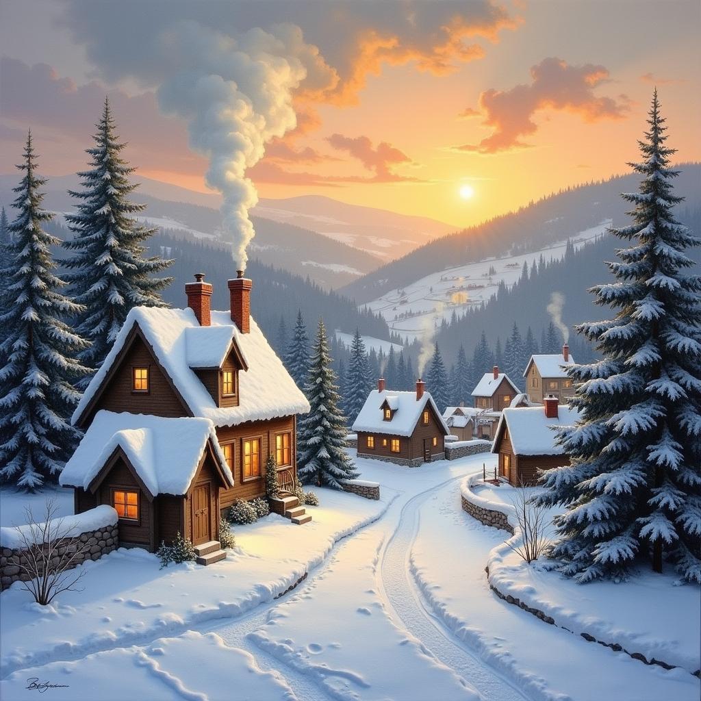 Christmas Fine Art: Oil Painting of Winter Village