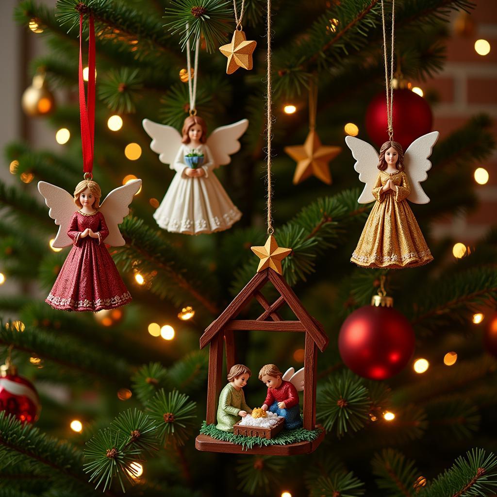 Christmas tree adorned with handcrafted ornaments depicting religious themes