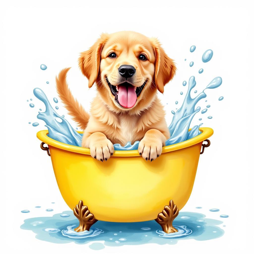 A dog playfully splashing in a colourful bathtub