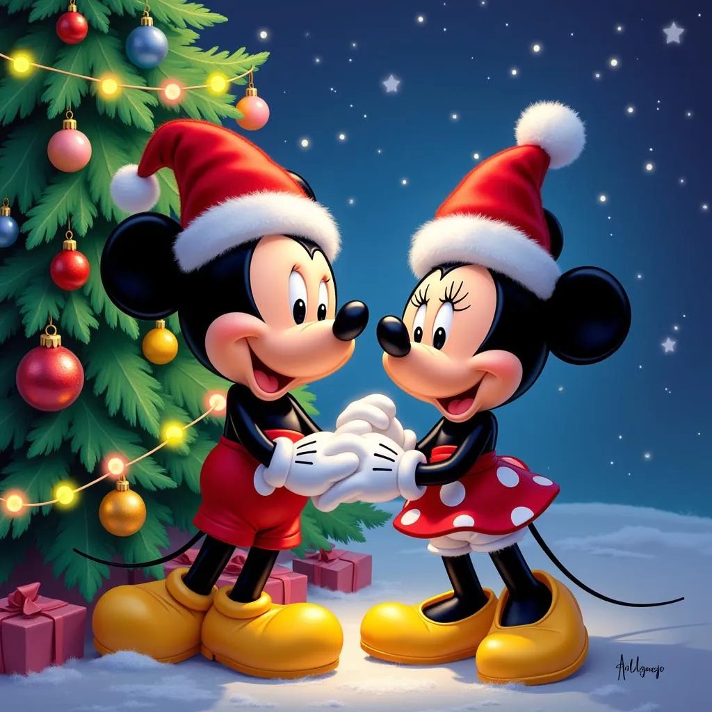 Chuột Mickey và Minnie trang trí cây thông Noel